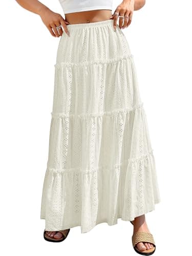 ANRABESS Womens Maxi Skirt 2026 Summer Beach Vacation Eyelet Boho Long Flowy Skirts Spring Trendy Swing Tiered A-Line Dress Beige Medium - Image 1