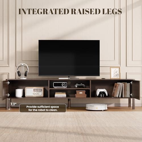 IKALIFE Rattan TV Stand for Living Room - Fits up to 80 Inch TVs, Rattan Media Console Table with Adjustable Shelves & 2 Storage Cabinets, Mid-Century Modern Entertainment Center, Walnut 71" - Thumbnail 4