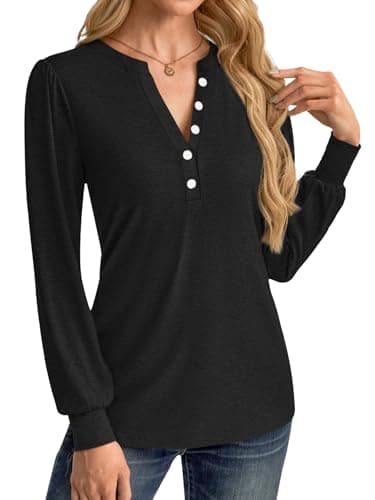 GKBK Women's Puff Long Sleeve Tunic V Neck Button Blouses Fall Tops Trendy Dressy Casual Business Henley Shirts Black XL - Thumbnail 3