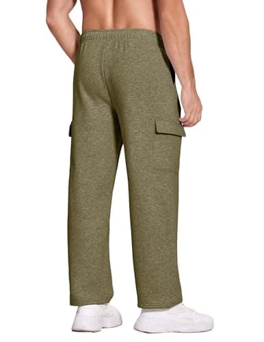 Deyeek Men's Jogger Sweatpants Open Bottom Cargo Sweatpants for Men Baggy Fleece Lined Sweat Pants Thick Cotton Lounge Sweats Olive Green - Thumbnail 2