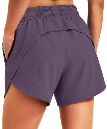 Hugut Women's 5" Athletic Running Shorts Quick Dry Lightweight Comfy Shorts for Walking Gym Workout with Zipper Pockets Grey Purple - Image 1