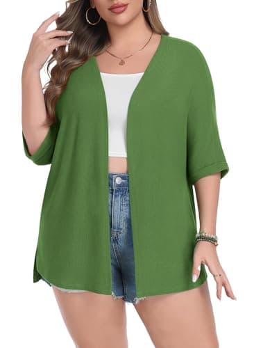 Lastshe Plus Size Cardigan for Womens Rolled Short Sleeve Lightweight Loose Cover Ups Open Front Wrap,Army Green,2X - Image 1
