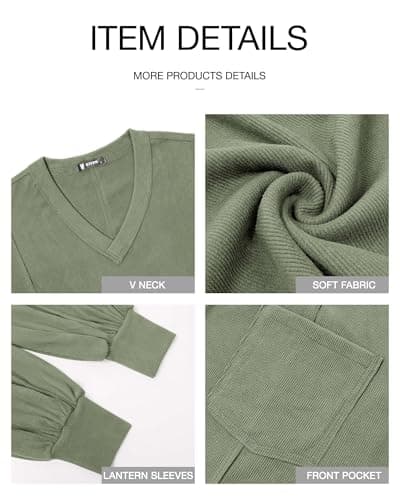 BTFBM Womens Fall Fashion 2026 Long Sleeve Shirts Casual V Neck Ribbed Knit Blouses Pullover Trendy Loose Fit Tunic Tops(Bean Green, Large) - Thumbnail 6