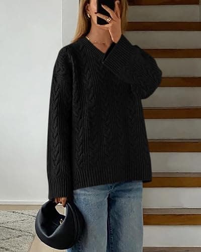 Okiwam Women's Oversized Sweaters Long Sleeve V Neck Cable Knit Pullover Tops Fall Outfits Spring Fashion Clothes 2026-XXL Black - Thumbnail 5