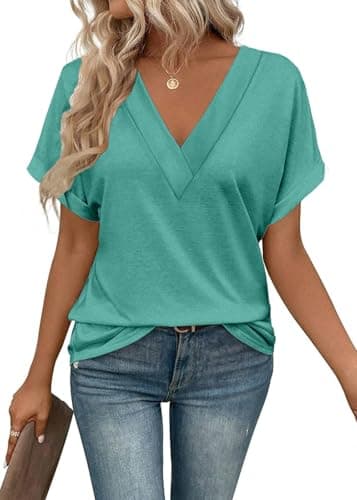 Dimur Womens V Neck T Shirts Fashion Clothing Short Rolled Sleeve V Neck Cute Tops Business Casual Shirts Tunic Tops Cyan XX-Large - Image 1