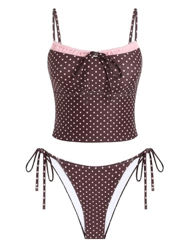 ZAFUL Brown Polka Dots Tankini Swimsuits for Womens Cute Tankini Bathing Suits Two Piece Checkered Tankinis Sets Bow Color Block Swimsuits with Tie Side Bottom - Image 1