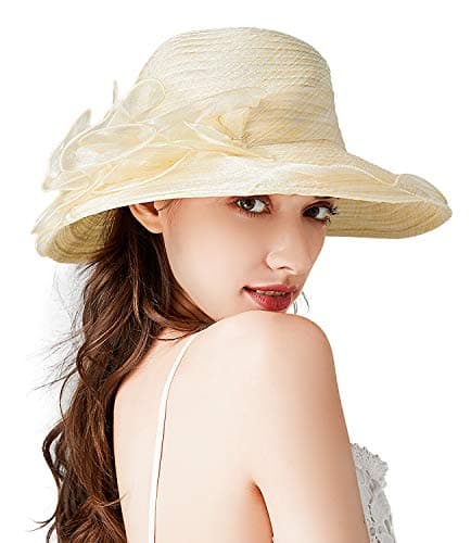 Bellady Women Foldable Organza Derby Hat Wide Brim Summer Beach Cap,Beige - Image 1
