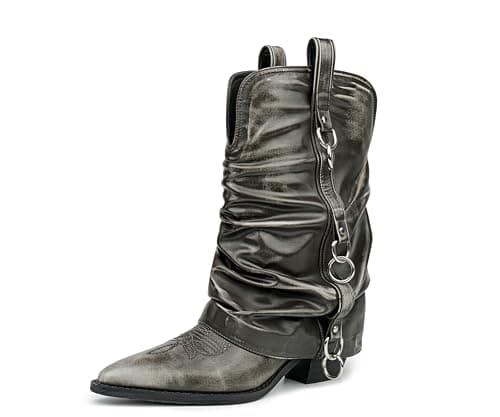 feetquake Wide Calf Cowboy Boots Women Chunky Heels Mid Calf Western Boots Vintage Retro Grey Cowgirl Boots Women 8.5M - Image 1