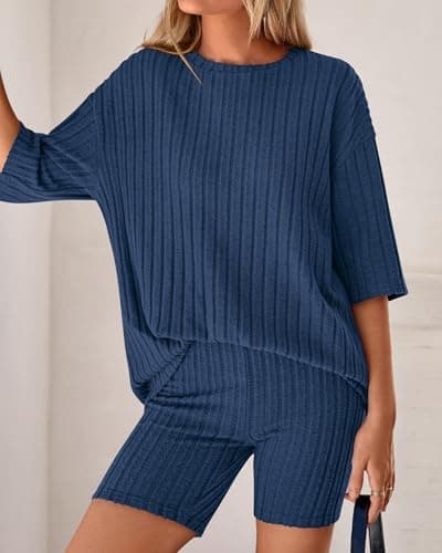 KIRUNDO Short Sets For Women Summer 2 Piece Matching Lounge Sets Casual Rib Knit Tshirts Biker Shorts Beach Vacation Outfits (Blue, X-Large) - Thumbnail 6