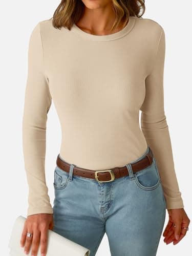 GKBK Ribbed Long Sleeve Shirts for Women Fitted Basic Tight T-Shirts Crewneck Cute Layering Tops Lightweight Fall Sweaters 2026 Fashion Clothes Outfits Apricot - Thumbnail 3