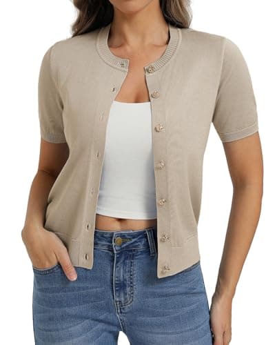 Plus Size Summer Sweater Top Khaki Cardigan Button Up Sweater Short Sleeve Cardign (Khaki, 2XL) - Image 1