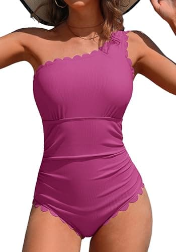 Charmo One Piece Swimsuit One Shoulder Bathing Suit for Womens Tummy Control Ribbed Swim Suit Full Coverage Magenta Pink M - Image 1