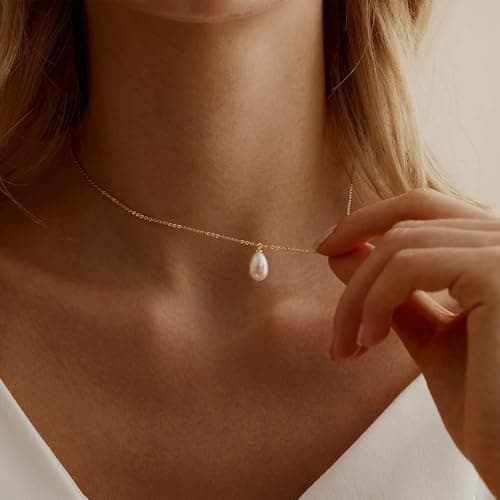 Fezodo Gold Pearl Necklace for Women, 18K Gold Plated Dainty Single Pearl Necklaces for Women Trendy Simple Pearls Drop Penandt Necklace Gold Necklace for Women Wedding Pearls Jewelry - Thumbnail 4