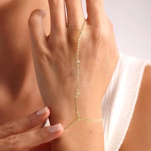 BAYLAY Hand Chain, Ring Bracelet Hand Chain 14K Gold Plated CZ Finger Ring Slave Bracelets Dainty Gold Bracelet for Women Zircon Hands Jewelry for Women Summer Essentials Boho Beach Gifts Trendy Stuff - Thumbnail 2