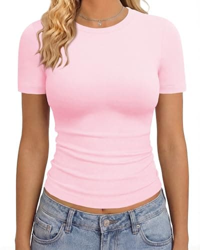 GAYHAY Pink Shirts for Women - Slim Fit Short Sleeve Crop Top Crew Neck Casual Basic Tees Spring Summer Fashion Clothing 2026 - Image 1