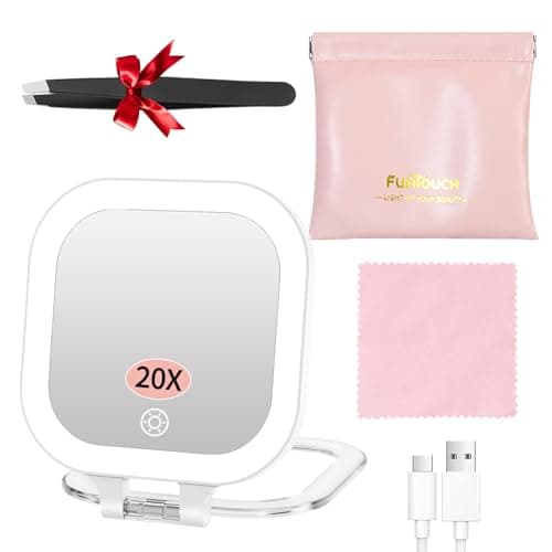 FUNTOUCH Rechargeable Travel Makeup Mirror, 20X/1X Magnifying Double Sided Makeup Mirror, Lighted Portable Vanity Mirror,3 Colors Lighting & Stepless Dimming,with Tweezers & Bag,Gift for Women,White - Image 1