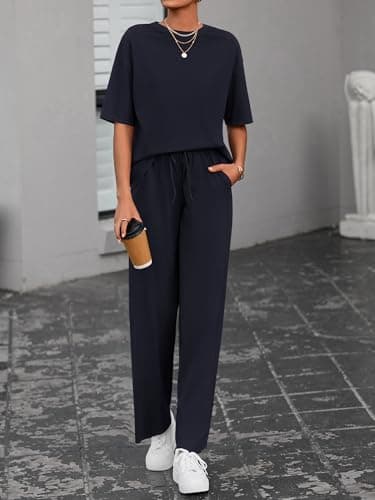 BTFBM Summer Outfits For Women 2026 Two Piece Sets Casual Short Sleeve Spring Tops Wide Leg Pants Matching Lounge Set(Navy, Small) - Thumbnail 2