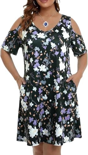 BLANCHES Plus Size Cold Shoulder Dress for Women Floral Print Off Shoulder V Neck Casual Boho Swing Dresses Ruffle A Line Vacation Elegant Mini Dress - Image 1