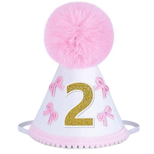 UTOLOVE Handcrafted Felt Birthday Hat with Pompom - Adjustable Cone Hat for 1st, Half to 5th Birthday Party Decorations - Baby & Kids Celebration Photo Prop Crown- White&Pink - Image 1
