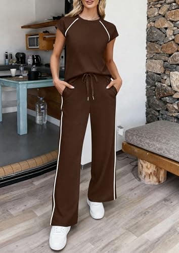 PRETTYGARDEN Women's 2 Piece Lounge Sets 2026 Summer Cap Sleeve Tops Wide Leg Pants Travel Outfits Matching Fashion Clothing (Dark Brown,Small) - Thumbnail 2