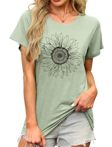 MAPICK Women Crewneck Sunflower T-Shirts Flowers Graphic Loose Fit Summer Short Sleeve Clothes(Sage Green2,Medium) - Image 1
