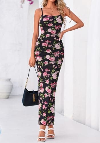 BTFBM Womens Maxi Dress 2026 Spring Floral Sexy Spaghetti Straps Sleeveless Bodycon Summer Beach Wedding Guest Dresses(Floral Black Pink, Small) - Thumbnail 2