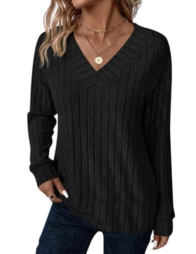 JUSTFASHIONNOW Long Sleeve Shirts for Women V Neck Basic Fall Tops Dressy Casual Blouses Comfy Pullover Winter Sweater 2025(Black,XX-Large) - Thumbnail 3
