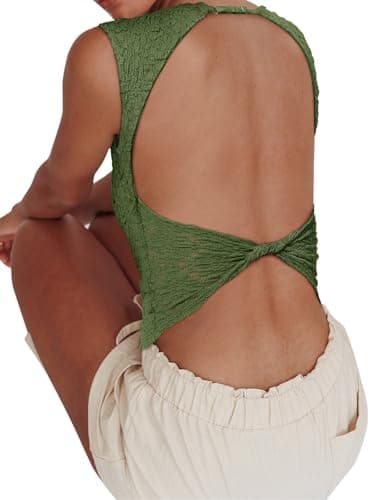 REORIA Women's Summer Sexy Open Back High Neck Sleeveless Tank Top Double Lined Y2k Lace Twist Backless Crop Tops Dark Green X-Large - Thumbnail 3