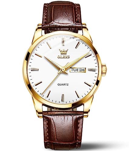 OLEVS Brown Leather Mens Watches Classic Analog Quartz Watch Ultra Thin Waterproof Watches for Men Small Casual Dress Date Day White Dial Men's Wrist Watch Simple Easy Reader Reloj para Hombre - Image 1