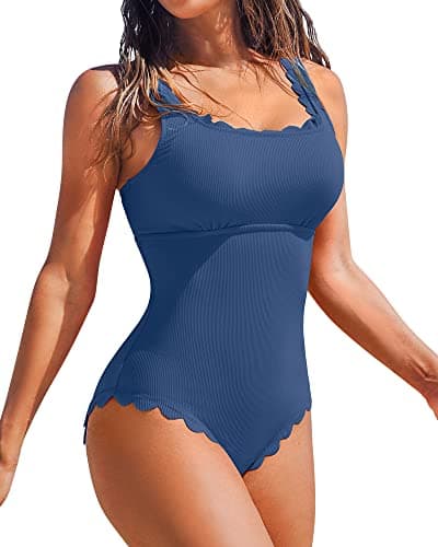 Charmo Square Neck Scalloped One Piece Swimsuit Women Modest Retro Ribbed 1 Piece Bathing Suits Blue L - Image 1