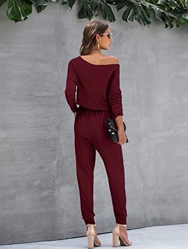 STOLKISS One Shoulder Jumpsuits for Women Dressy Elegant Long Sleeve Pants Jumper One Piece Outfits Rompers with Pockets Red - Thumbnail 5