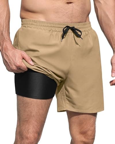 RQP Mens Swim Trunks 2 in 1 Quick Dry Beach Shorts with Compression Liner and Zipper Pockets,Khaki - Image 1