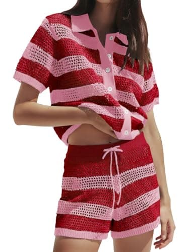 Tankaneo Womens 2 Piece Short Sets Crochet Knit Striped Summer Short Sleeve Shirts Beach Cover Up Travel Vacation Outfits - Image 1