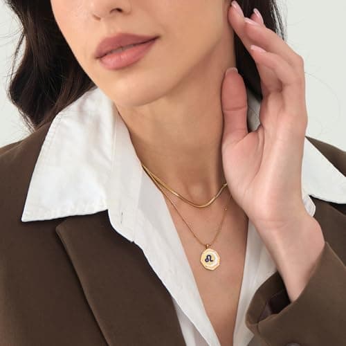 LETFLY Leo Zodiac Necklace for Women, 18K Gold Plated Octagon Shaped Pendant with Cubic Zirconia Adjustable Layered Snake Chain for Womens Jewelry Gifts - Thumbnail 2