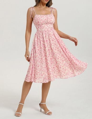 Belle Poque Pink Floral Dress for Women Spaghetti Strap Midi Sundress 2026 Summer Spring A line Casual Cute Dresses M - Thumbnail 2