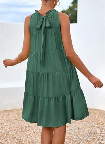 Okiwam Womens Summer Halter Dresses Sleeveless A Line Tiered Swing Mini 2025 Fall Casual Boho Beach Vacation Sundress-M Green - Thumbnail 3