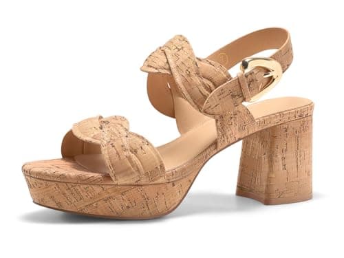 Coutgo Womens Platform Chunky Heels Sandals Cork Open Toe Ankle Strap Summer Dressy Beach Shoes, Cork Khaki, size 6.5 - Image 1