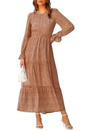 BTFBM Women Casual Long Sleeve Crew Neck Fall Dress Bohemian Relaxed Fit Floral Flowy Maxi Dresses Tiered Cocktail Dress(Floral Brown,Small) - Image 1