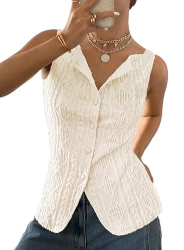 BLENCOT Women's Vest Top Sleeveless Slim Fitted Button Down Knit Vests Stretchy Textured Jacquard Tops for Going Out Fashion 2026 Beige 2X-Large - Image 1
