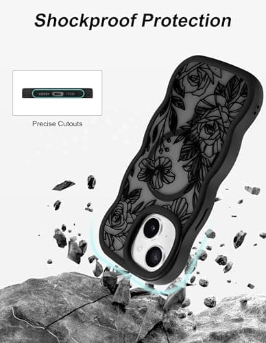 Aitipy Magnetic Case for iPhone 13/14, Compatible with MagSafe, Cute Black Flower Floral Aesthetic Soft Silicone Curly Wavy Shockproof Protective Phone Cover for Women Girls - Thumbnail 4