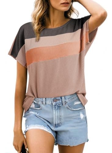 Dokotoo Summer Shirts for Women Short Sleeve T Shirts Color Block Crewneck Knitted Casual Loose Trendy Pullover Tunic Tops Blouses Comfy Sweatshirt Knitted Cruise Outfits Dark Khaki Small - Image 1