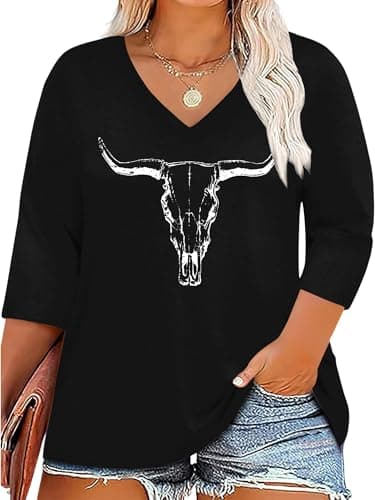 Chulianyouhuo Plus Size Cow Skull Shirt Women 3/4 Sleeve V Neck Western Graphic Tee Tops Country Music Outfits Tshirt - Image 1