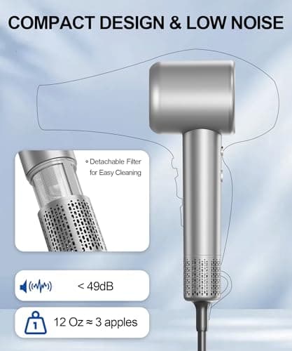 Hair Dryer, 160000 RPM High-Speed Ionic Blow Dryer with Magnetic Diffuser, Fast-Drying Hair Dryer for Women, 500M Negative Ions Frizz Control, Low-Noise Hairdryer for Home & Salon - Thumbnail 6