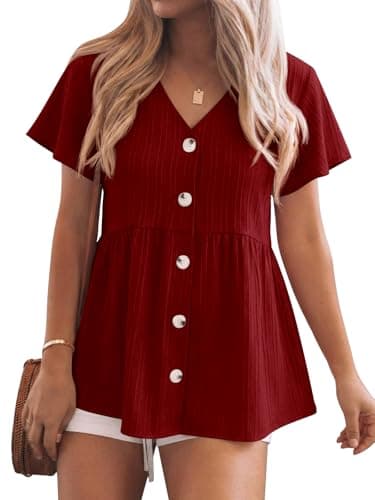 Tankaneo Womens Babydoll Tops Summer Short Sleeve Peplum Flowy Blouse Casual Spring Loose Button Down V Neck Ruffle Shirts Red - Image 1
