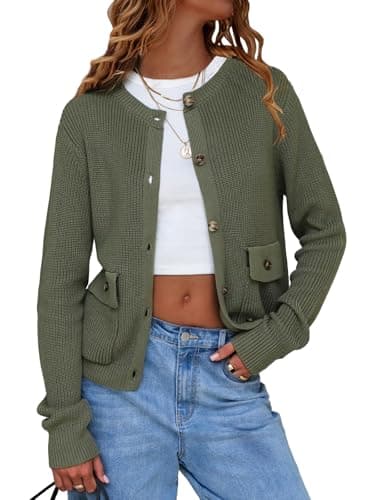 EXLURA Womens 2025 Knit Cardigan Sweaters Spring Fall Crewneck Open Front Button Jacket Fashion Outerwear Coats with Pockets Green - Image 1