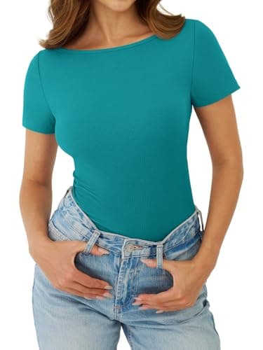 GKBK Boat Neck Tops for Women Ribbed Short Sleeve T-Shirts Slim Fitted Tight Compression Top Soft Y2K Basic Casual Going Out Tops for Spring Summer 2026 Trendy Fashion Outfits Cyan - Thumbnail 4