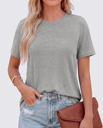 KIRUNDO T Shirts for Women 2026 Summer Crewneck Short Sleeve Tops Casual Knit Plain Basic Tees Shirt Fashion Clothing(Grey, X-Large) - Thumbnail 2
