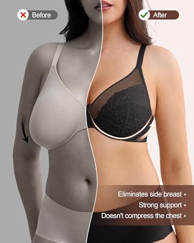 leviace Minimizer Bras for Women Supportive - Lifting Full Coverage Sexy Lace Unlined Underwire Plunge Comfortable Bra for Large Busted, Plus Size Bralette for Heavy Breasts, Black, 38DD - Thumbnail 4