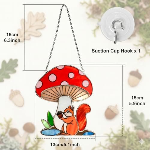 Squirrel Mushroom Stained Glass Suncatcher for Window Hanging Ornaments Animals Theme Glass Art Sun Catcher Home Decor Handmade Funny Mushroom Squirrel Gifts for Squirrel Lovers - Thumbnail 2