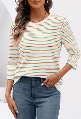 MEROKEETY Women's 2025 Casual 3/4 Sleeve Tops Blouse Crewneck Colorful Striped Fall Loose Shirt, White, Small - Thumbnail 2